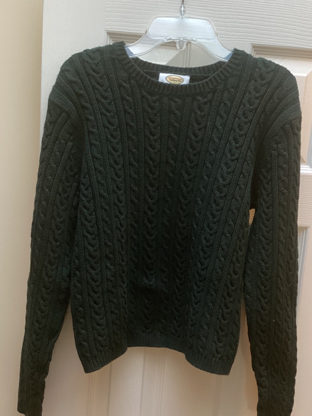 Talbots Dark Green Cable Knit Crewneck Sweater cotton Large petite (fits smaller